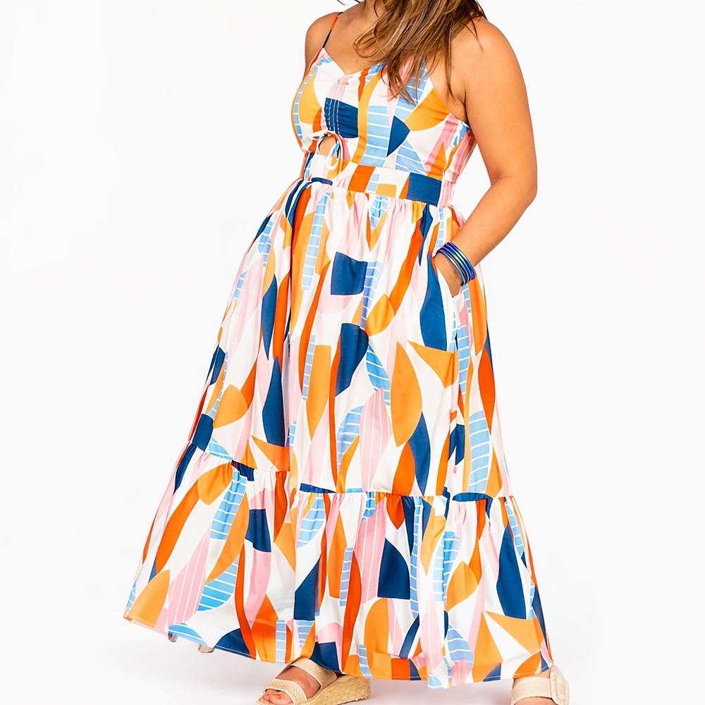 THML Multicolor Geometric Tiered Maxi Dress in Blue, Orange, Pink, White